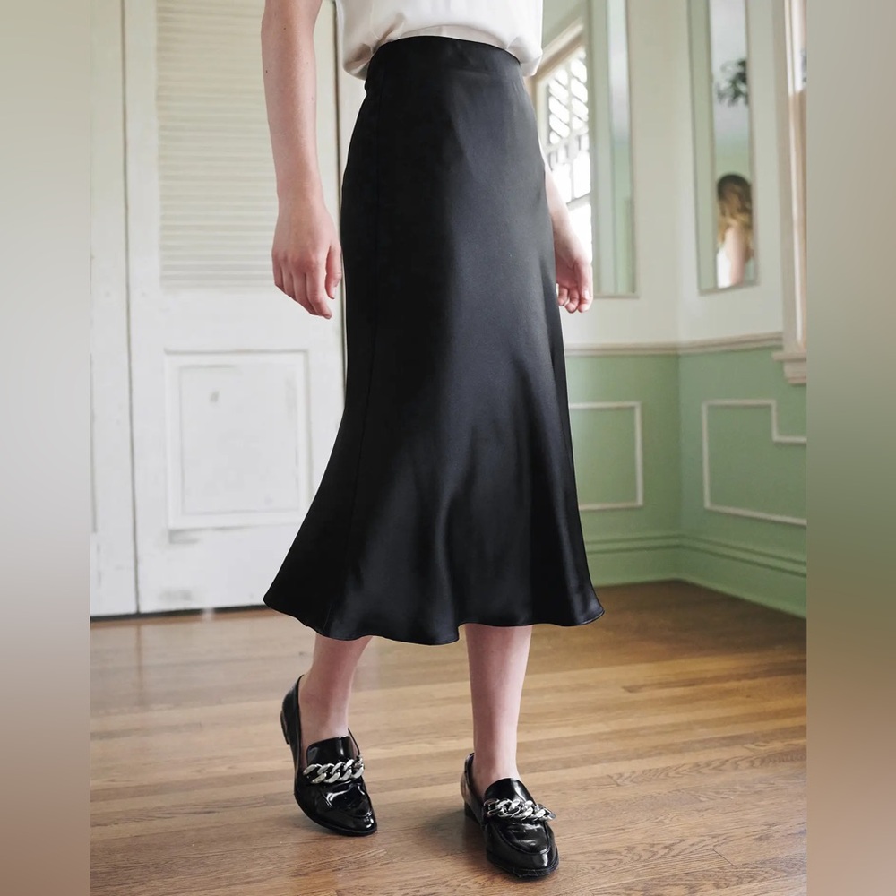 Quince Black Satin Bias Midi Skirt